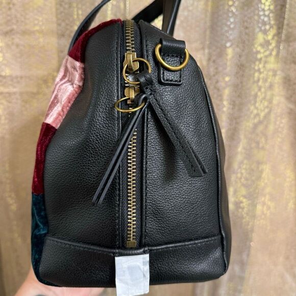 Fossil Sydney Satchel Velvet Patchwork Green Red Pink & Wallet NWT - Picture 4 of 12